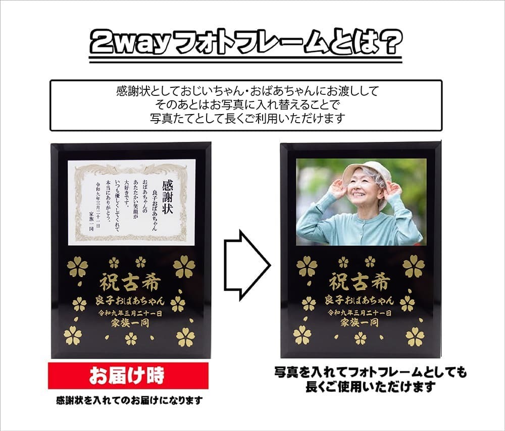 長寿のお祝い感謝状名入れフォトフレーム2way仕様の説明