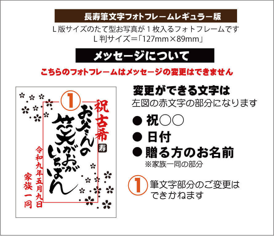 還暦・古希・喜寿などの長寿お祝い名入れ筆文字フォトフレームタテ型の彫刻のメッセージについての説明