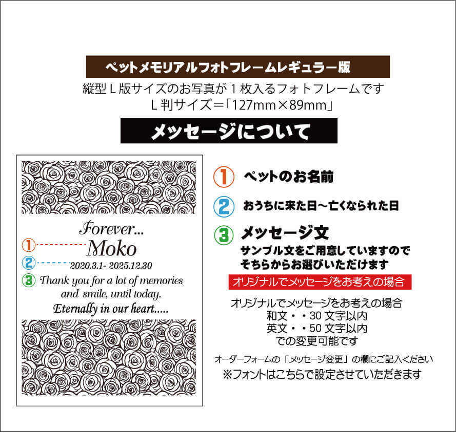 ペットの手もと供養の名入れフォトフレームタテ型の彫刻デザインテンプレートの説明画像