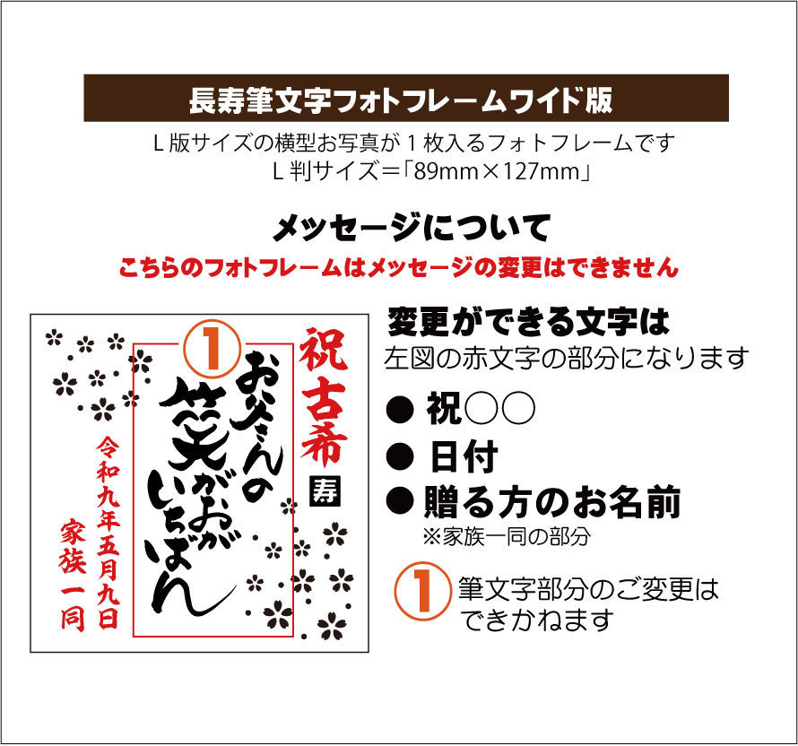 還暦・古希・喜寿などの長寿お祝い名入れ筆文字フォトフレーム横型の彫刻のメッセージについての説明画像