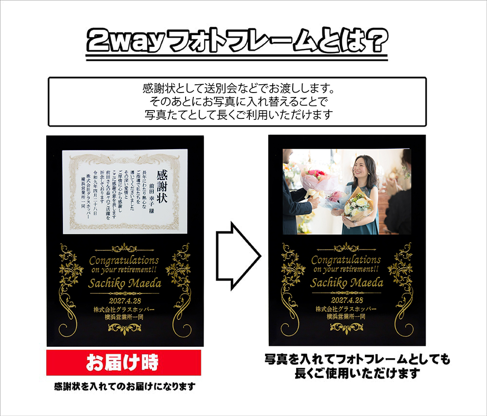 感謝状名入れフォトフレームの仕様説明